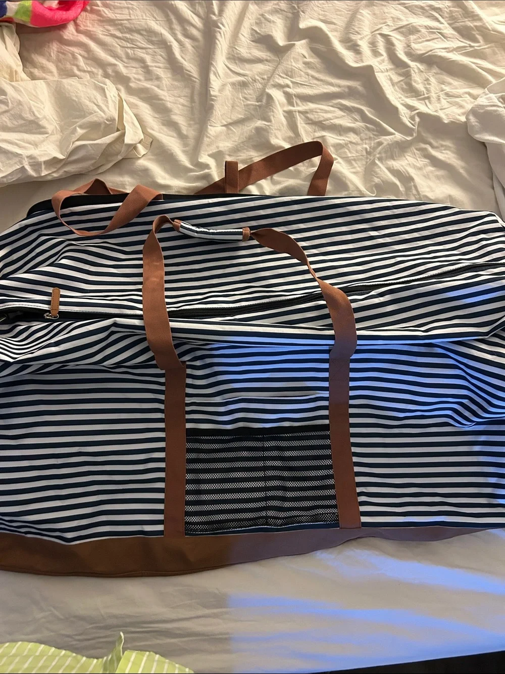 LOCO Navy & White Striped Casual compact/Large Duffel Bag with Brown Trim